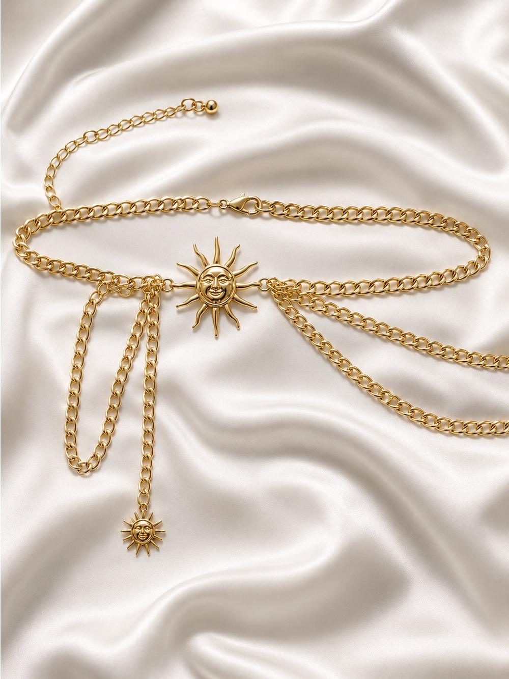Gold Sun Chain Belt on Red Blazer - Picture 7 of 8